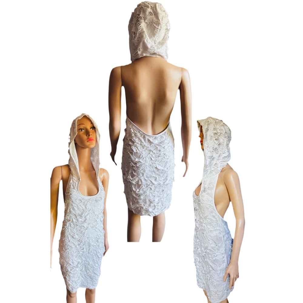 White (rare) Distressed Hooded Open-Back | Streetwear Glam Statement Dress